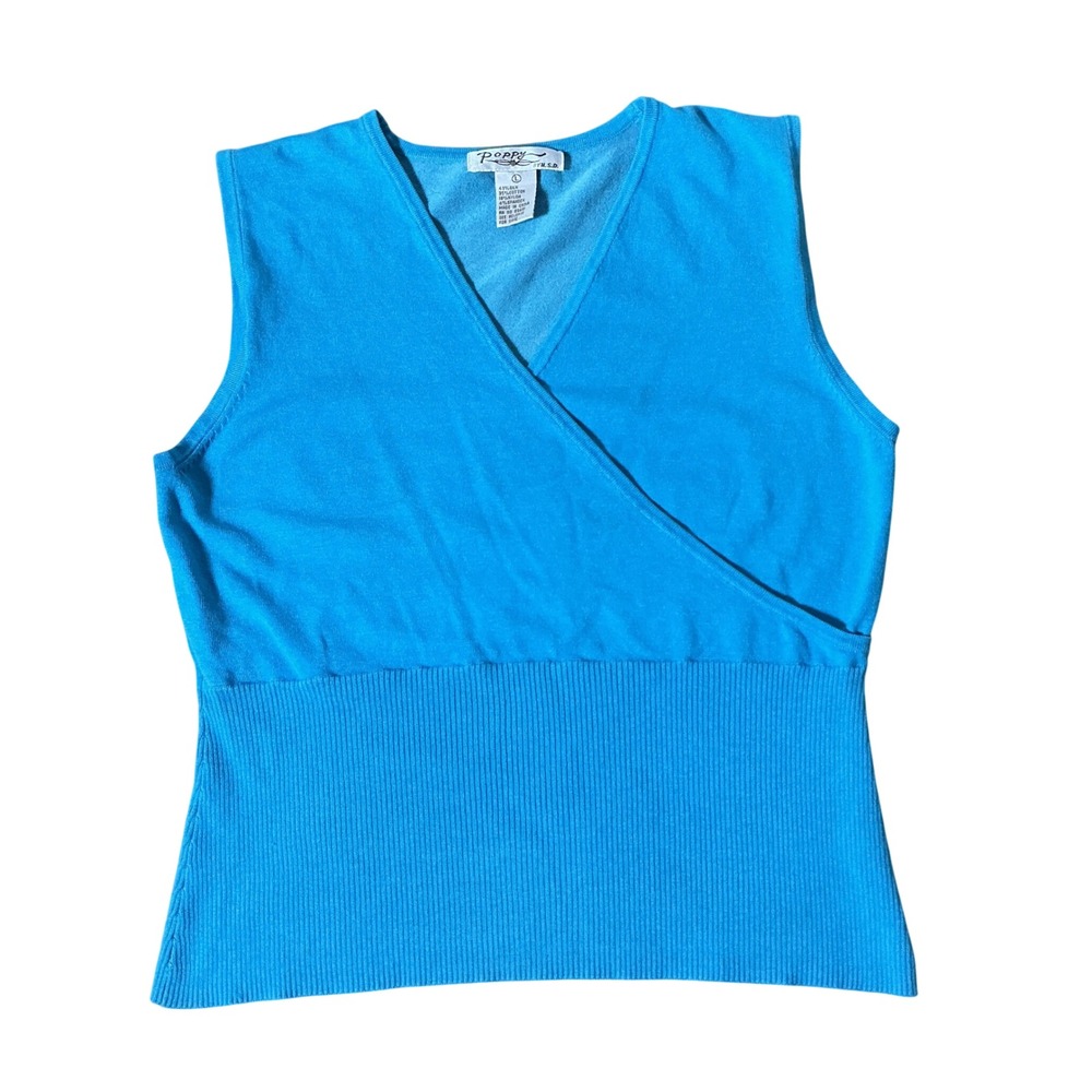 Y2K Poppy by NSD Preppy Babydoll Blue Silk Cotton Blend Faux Wrap Knit Top L